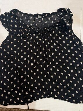 Old Navy Black Floral Tie-Neck Blouse with White Flowers